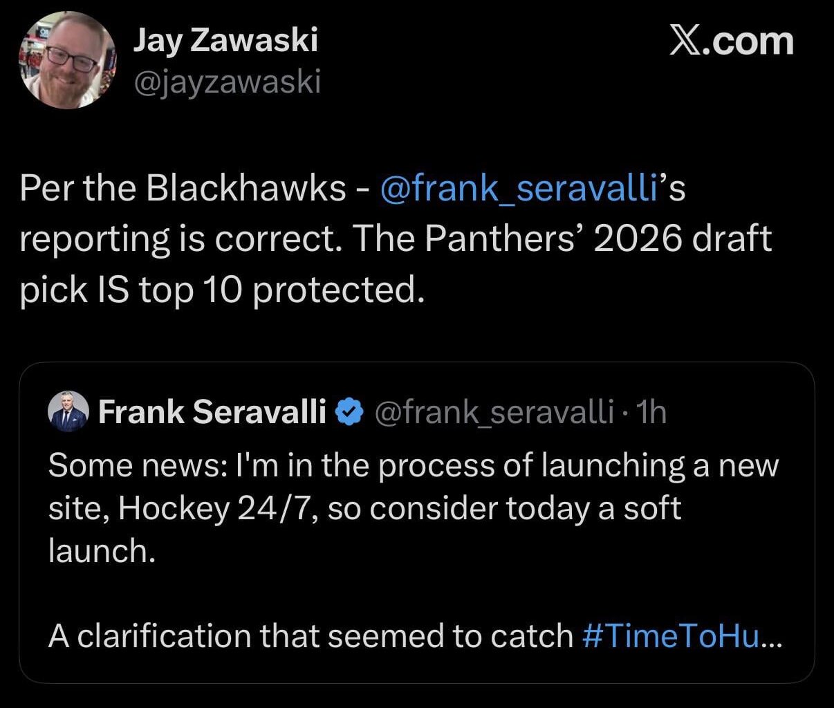 [Jay Zawaski] Per the Blackhawks - frank seravalli’s reporting is correct. The Panthers’ 2026 draft pick IS top 10 protected.