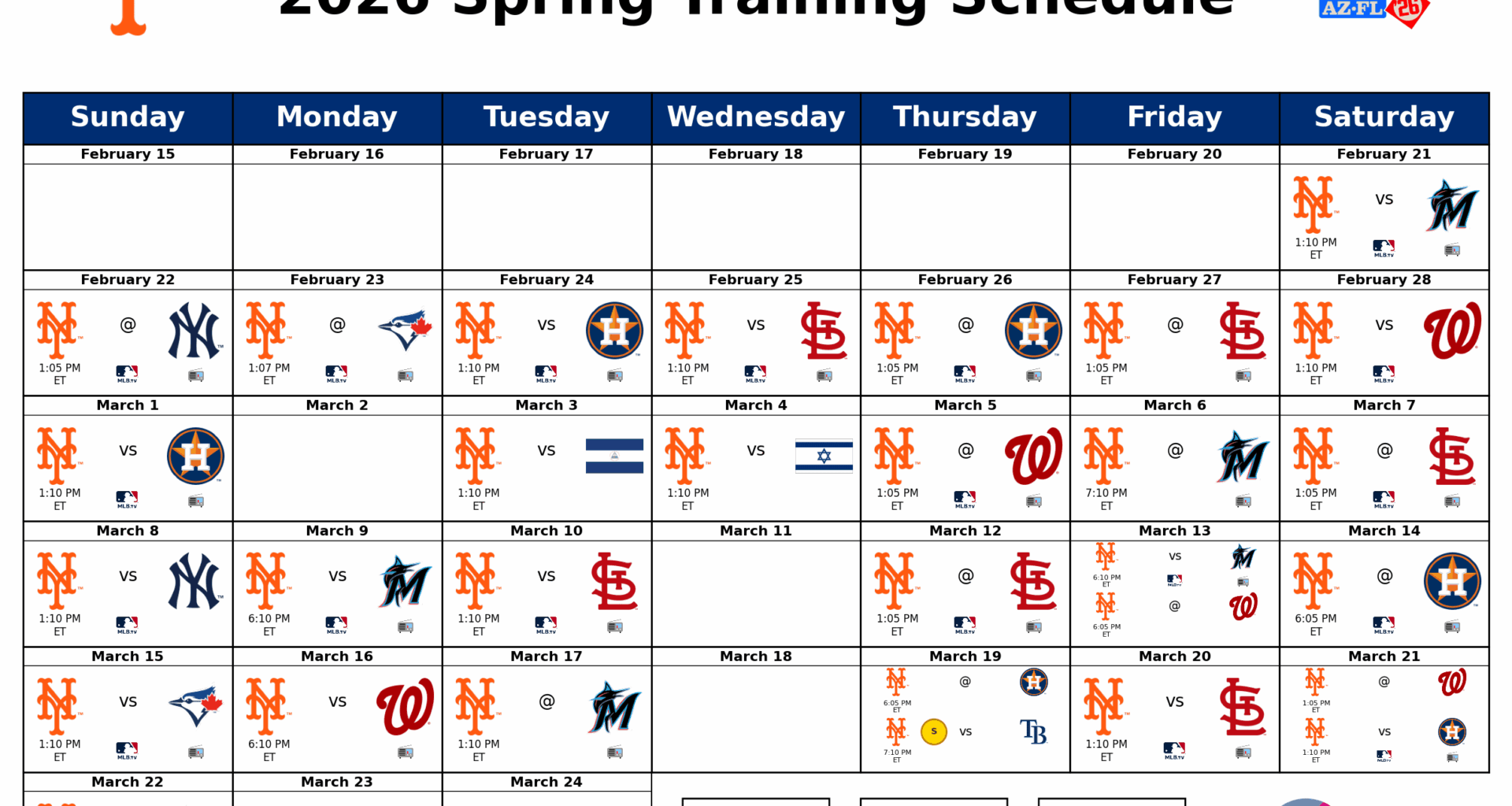 New York Mets 2026 Spring Training Schedule