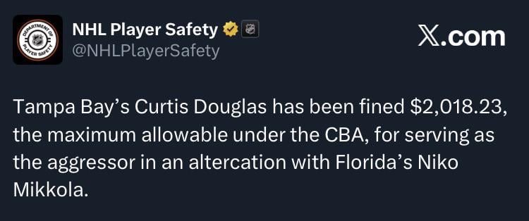 Douglas fined for getting aggressive on Mikkola.