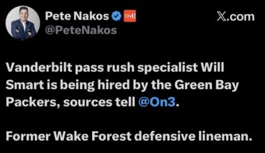 [Nakos] Vanderbilt pass rush specialist Will Smart is being hired by the Green Bay Packers, sources tell @On3. He’s a former Wake Forest defensive lineman.