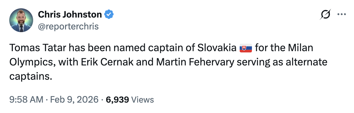 Cernak named an alternate captain for Team Slovakia!