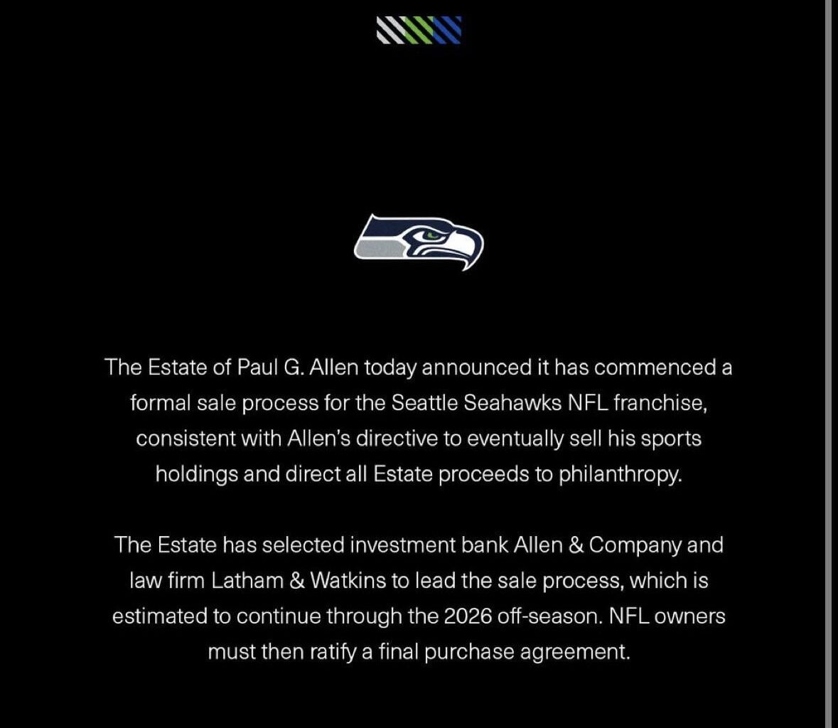 [Seattle Seahawks] Estate of Paul G. Allen Begins Sale Process for Seattle Seahawks