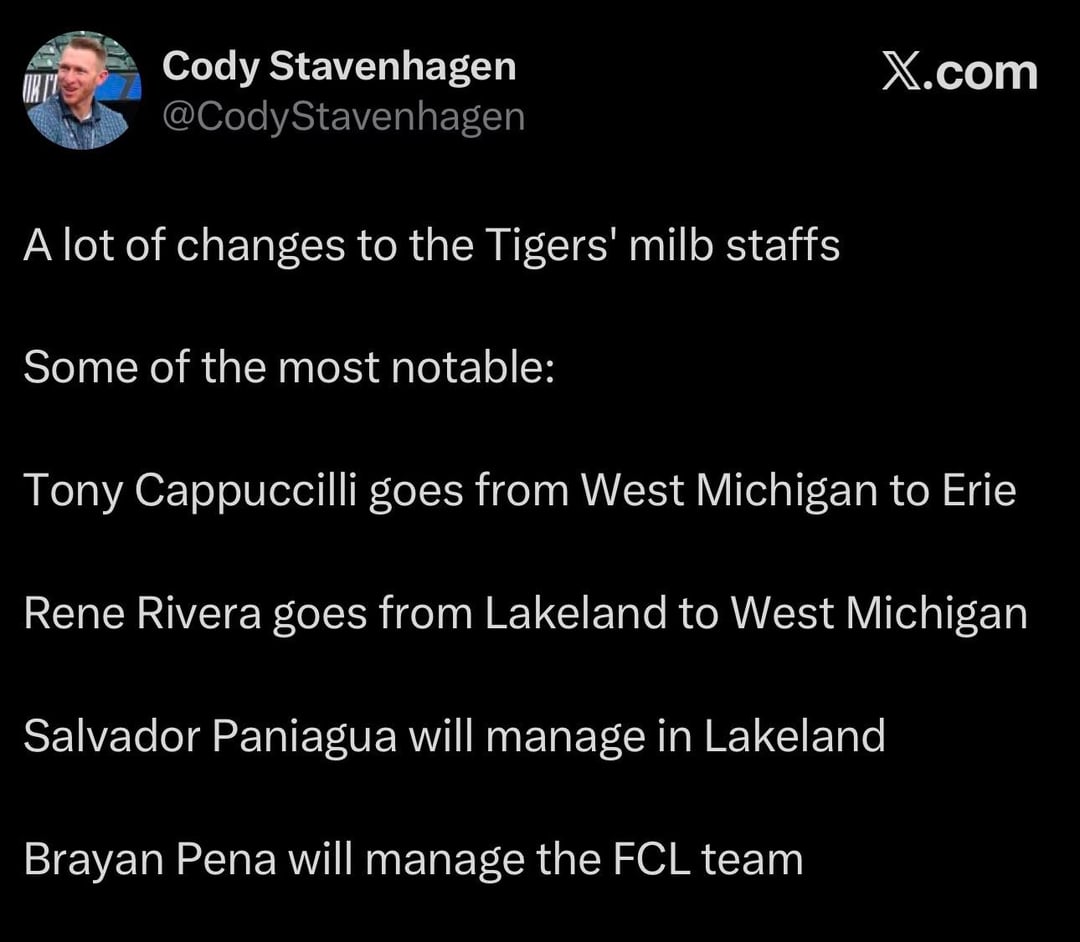 A lot of changes to the Tigers' milb staffs. Some of the most notable: