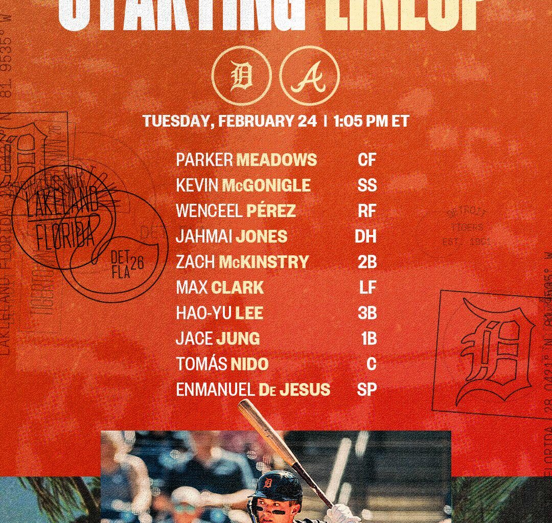 Kevin McGonigle and Max Clark in the lineup as the Tigers are on the road in North Port to play the Braves.