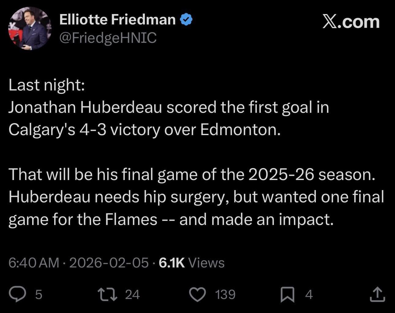 Huberdeau done for the year: hip surgery