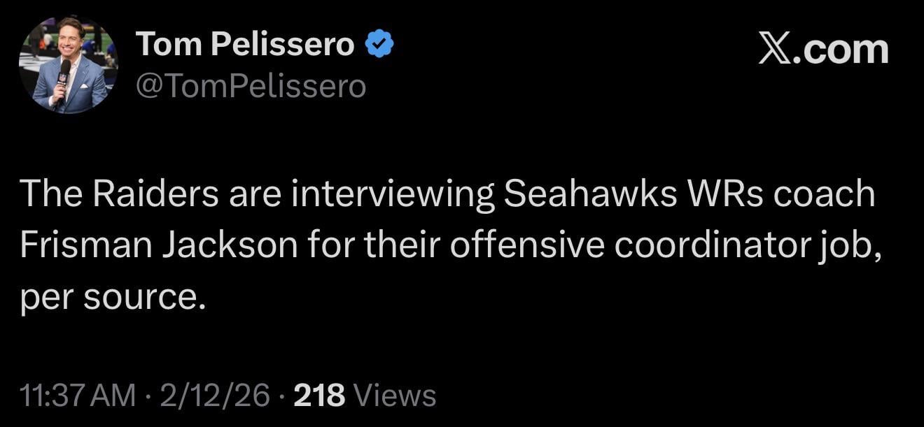 The Raiders are interviewing Seahawks WRs coach Frisman Jackson for their offensive coordinator job, per source.