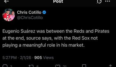 Cotillo: Eugenio Suárez was between the Reds and Pirates at the end, source says, with the Red Sox not playing a meaningful role in his market.