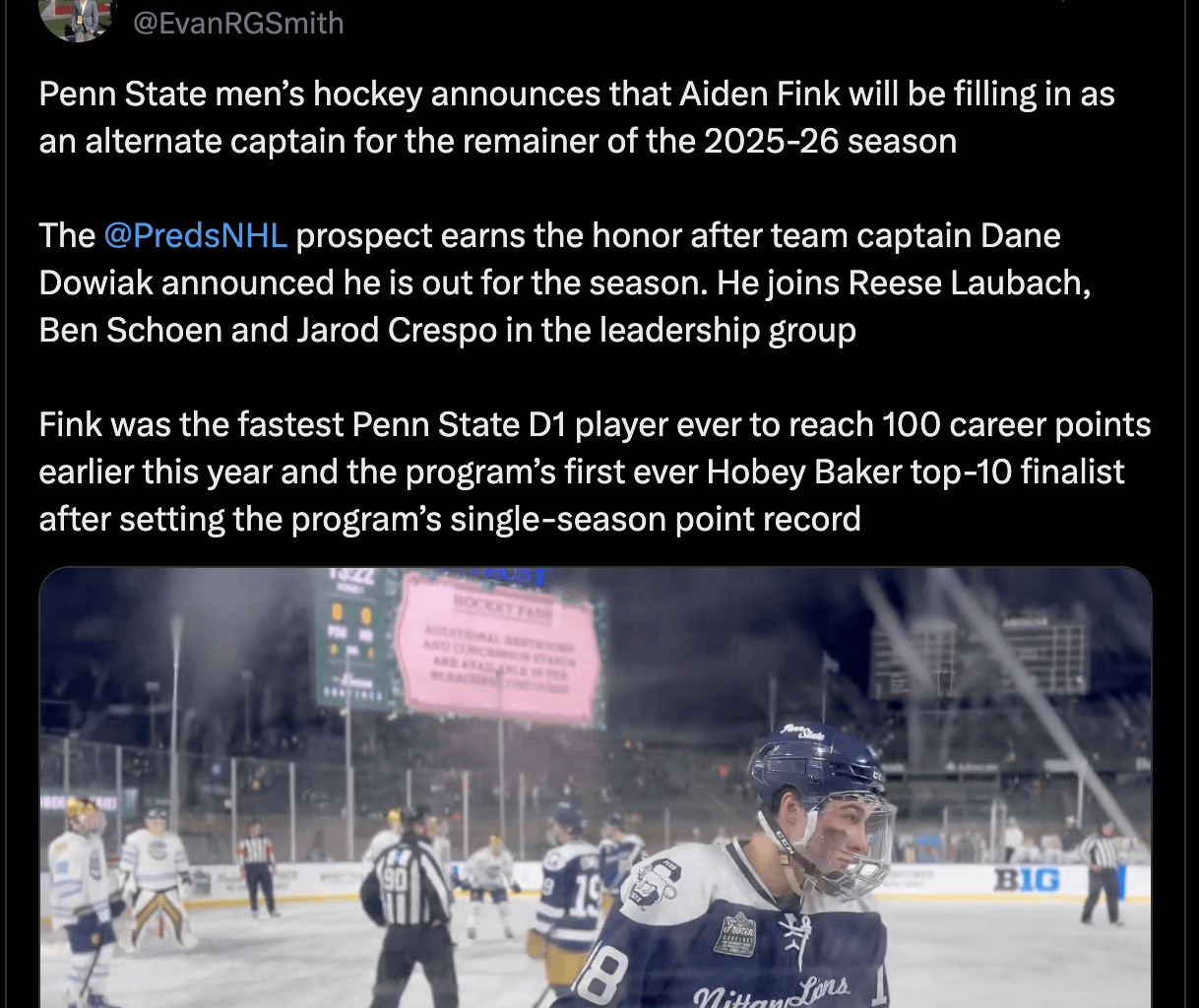 [Smith] Penn State men’s hockey announces that Aiden Fink will be filling in as an alternate captain for the remainder of the 2025-26 season