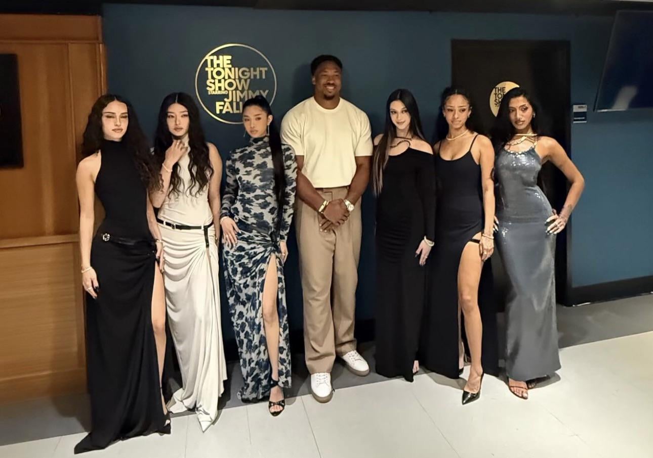 Myles Garrett on set of his tonight show with Jimmy Fallon appearance with Grammy Nominated Musical Global Girl Group Katseye.