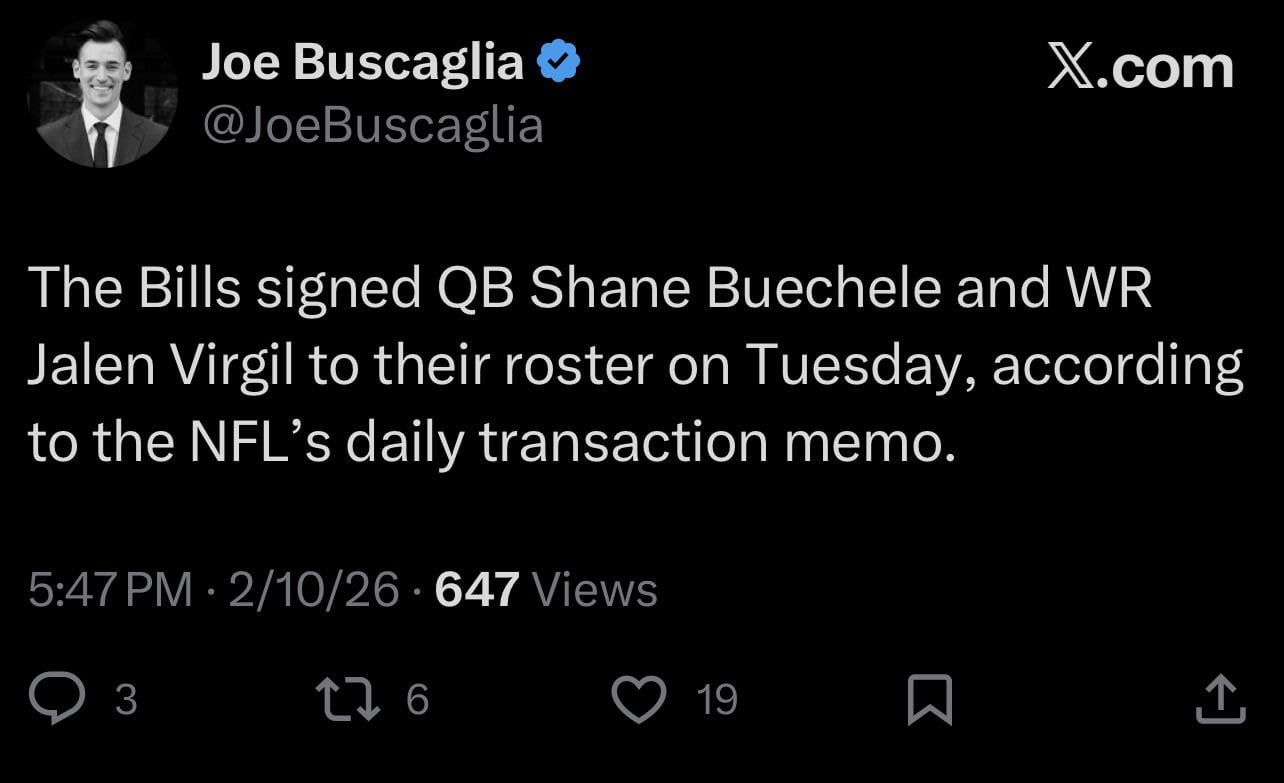 From Joe B on Twitter: “The Bills signed QB Shane Buechele and WR Jalen Virgil to their roster on Tuesday, according to the NFL’s daily transaction memo.”