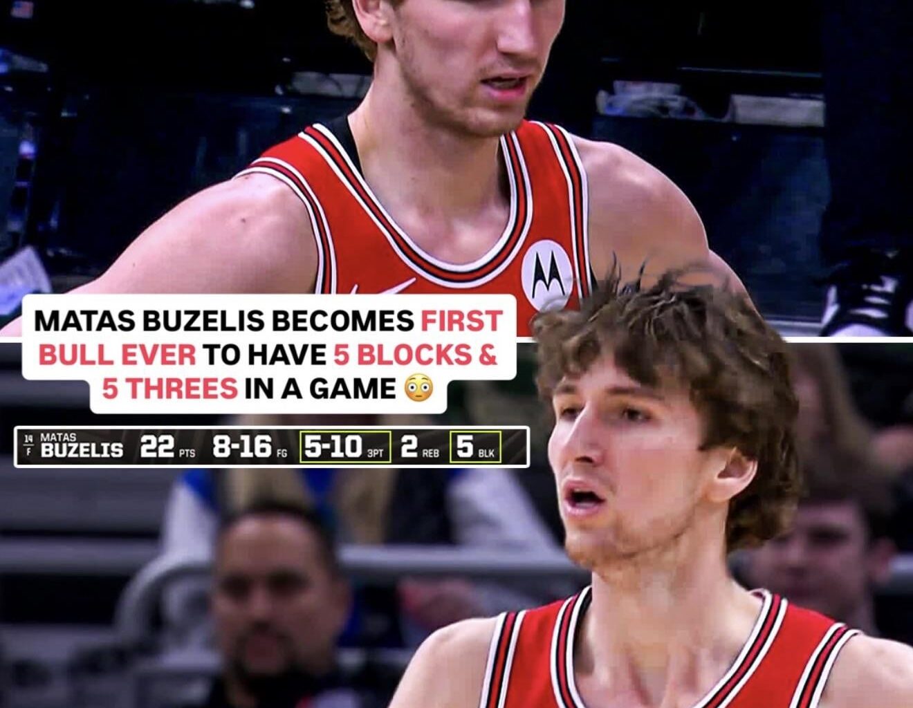 “Matas Buzelis is just the 17th player in NBA history to record 5+ blocks and 5+ threes in the same game. He's the second player to do it this season. The only other player to do it? Victor Wembanyama.”