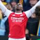 Eberechi Eze celebrates after firing Arsenal into a 2-1 lead at Mansfield
