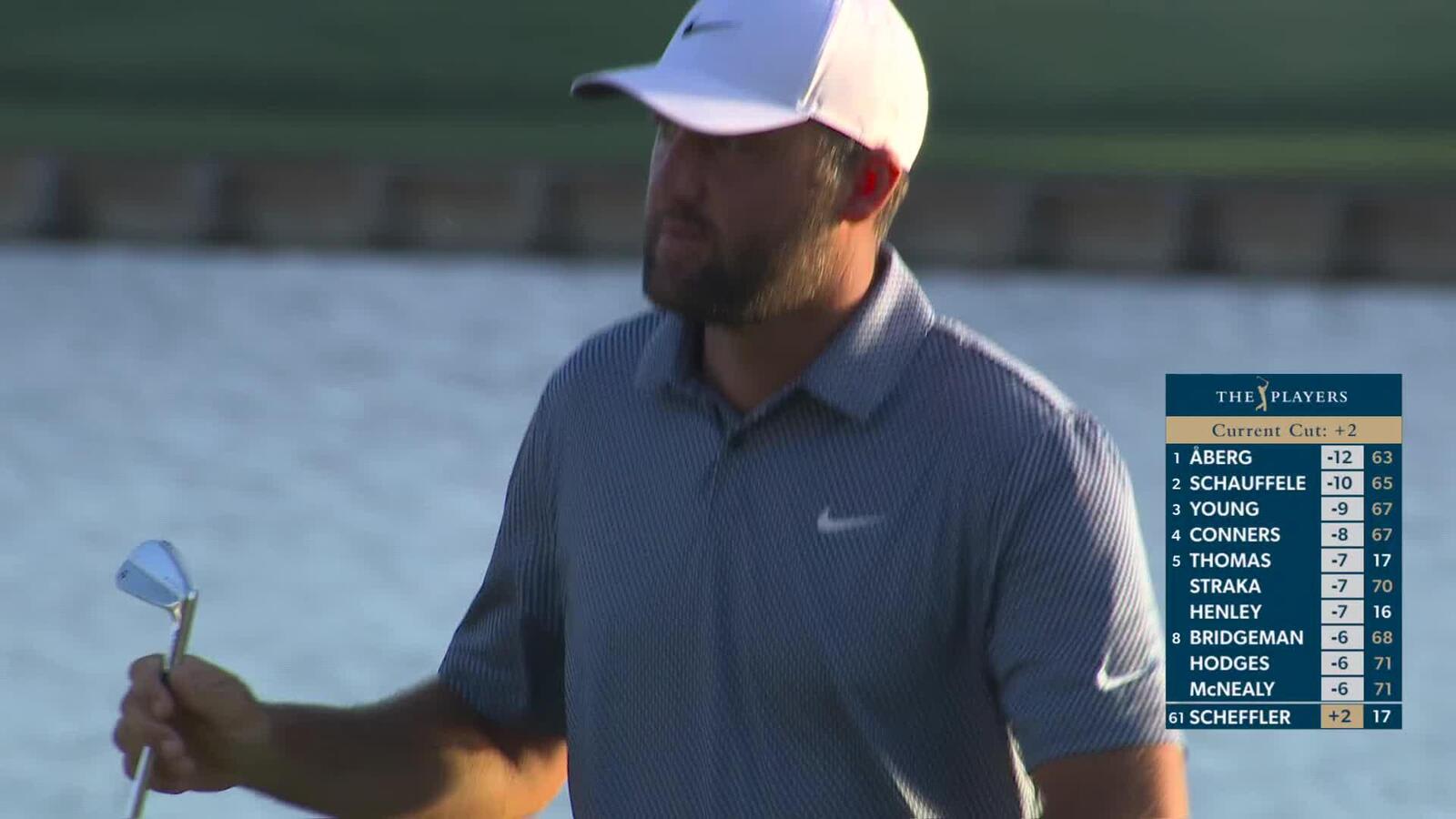 Scottie Scheffler hits approach on No. 18 to 9 feet, makes birdie to move inside cut line at THE PLAYERS