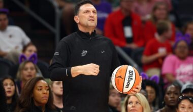 Aug 10, 2025; Phoenix, Arizona, USA; Phoenix Mercury head coach Nate Tibbetts against the Atlanta Dream in the first half at Footprint Center. Mandatory Credit: Mark J. Rebilas-Imagn Images