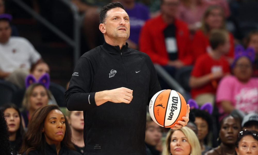 Aug 10, 2025; Phoenix, Arizona, USA; Phoenix Mercury head coach Nate Tibbetts against the Atlanta Dream in the first half at Footprint Center. Mandatory Credit: Mark J. Rebilas-Imagn Images