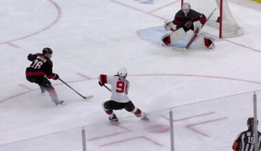 Timo Meier scores a goal against the Carolina Hurricanes
