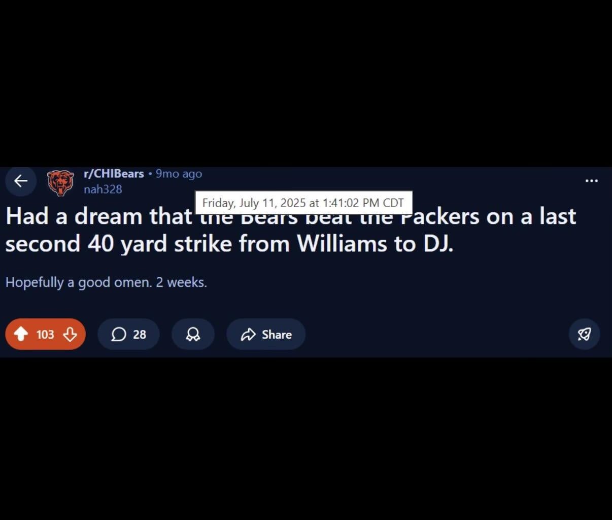 Was searching for a non-Bears related Reddit post I made last year and stumbled upon this beauty.