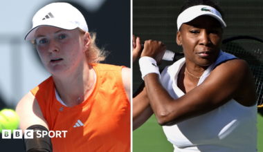 Great Britain's Fran Jones and America's Venus Williams in a split picture, with Jones in orange tennis outfit and white cap and Williams in white tennis outfit and white visor