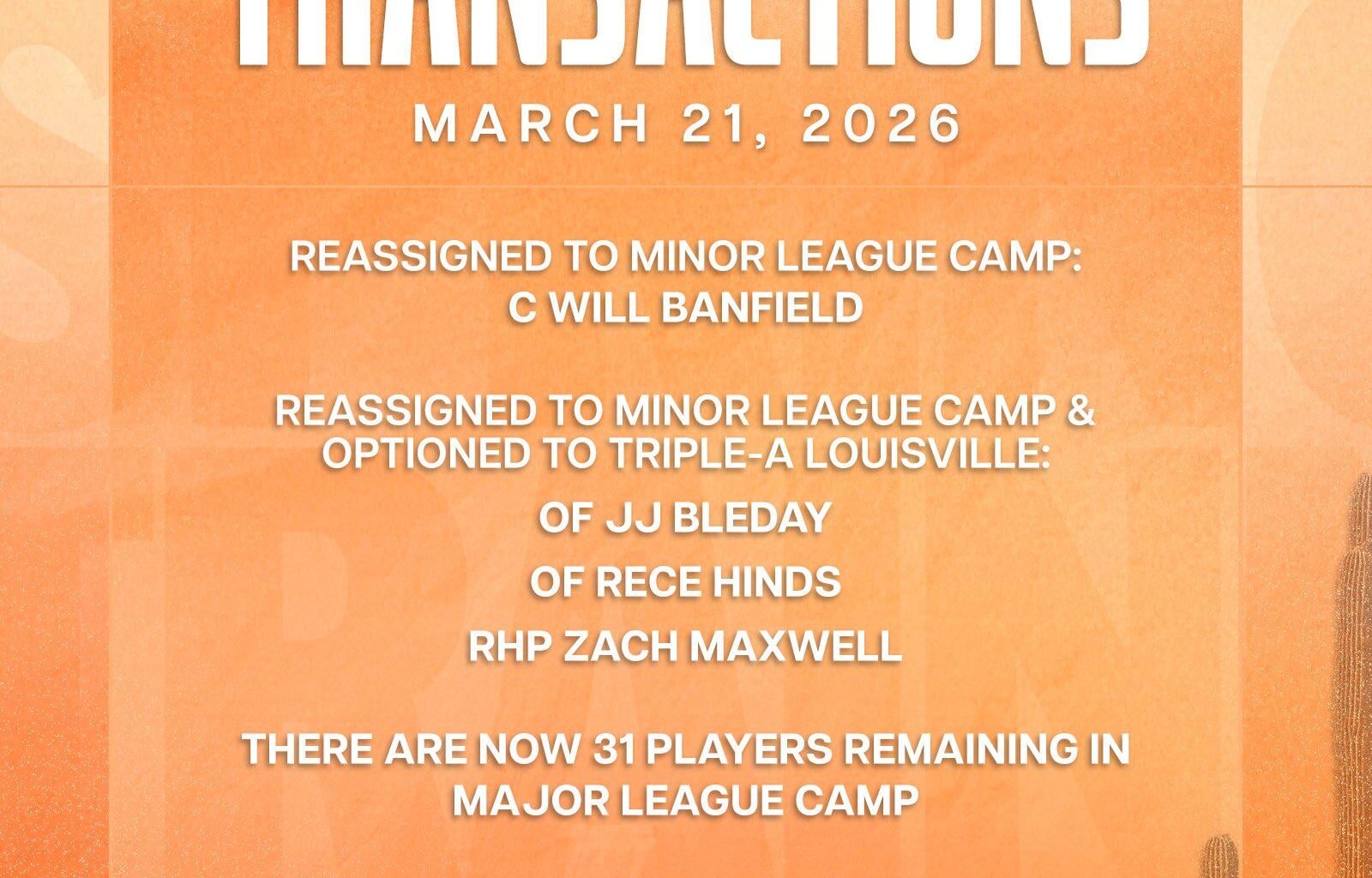 Reds Transactions 3/21/26 - Bleday, Hinds, Maxwell optioned to Louisville and reassigned to Minor League camp, Banfield reassigned to Minor League camp