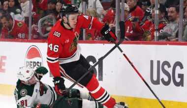 Blackhawks' Louis Crevier lucky to avoid injury after face sliced by skate