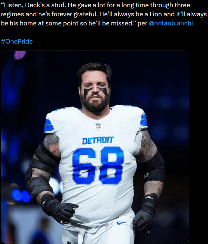 [Bianchi] Dan Campbell on Taylor Decker: “Listen, Deck’s a stud. He gave a lot for a long time through three regimes and he’s forever grateful. He’ll always be a Lion and it’ll always be his home at some point so he’ll be missed.”