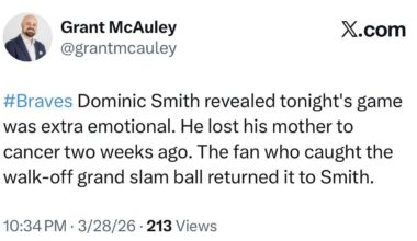 [McAuley] Braves Dominic Smith revealed tonight's game was extra emotional. He lost his mother to cancer two weeks ago. The fan who caught the walk-off grand slam ball returned it to Smith.