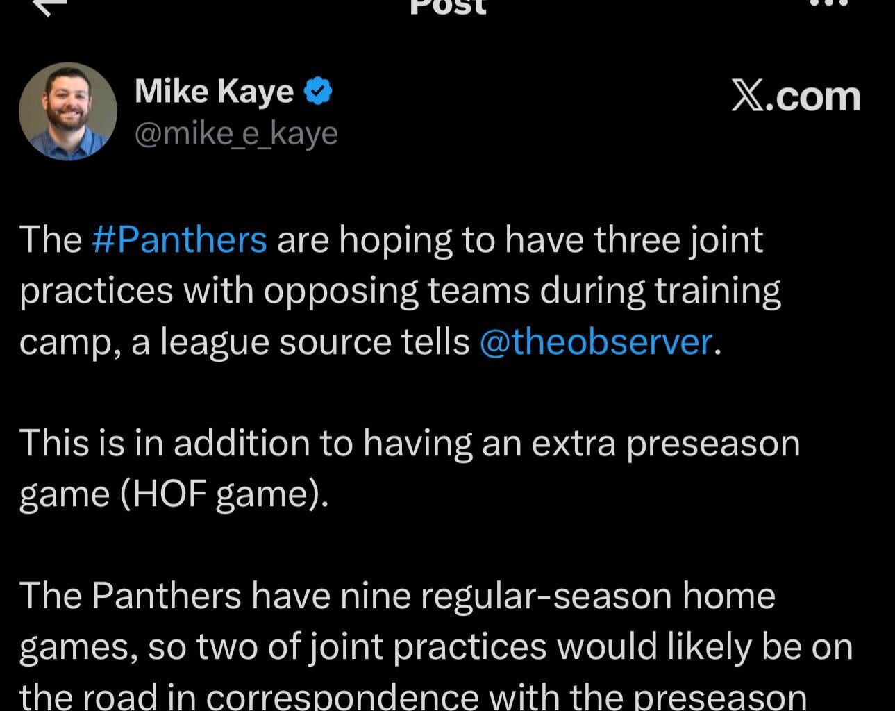 [Kaye] Panthers hoping to have 3 joint practices this year