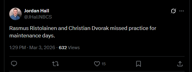 [Hall] Rasmus Ristolainen and Christian Dvorak missed practice for maintenance days.