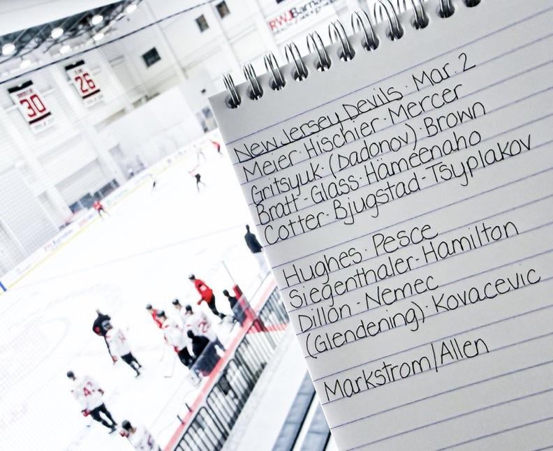 3/2 Practice - JHughes has the morning off. Dadonov skating as a placeholder. No changes to lines/pairs otherwise. Kovacevic remains odd D out.