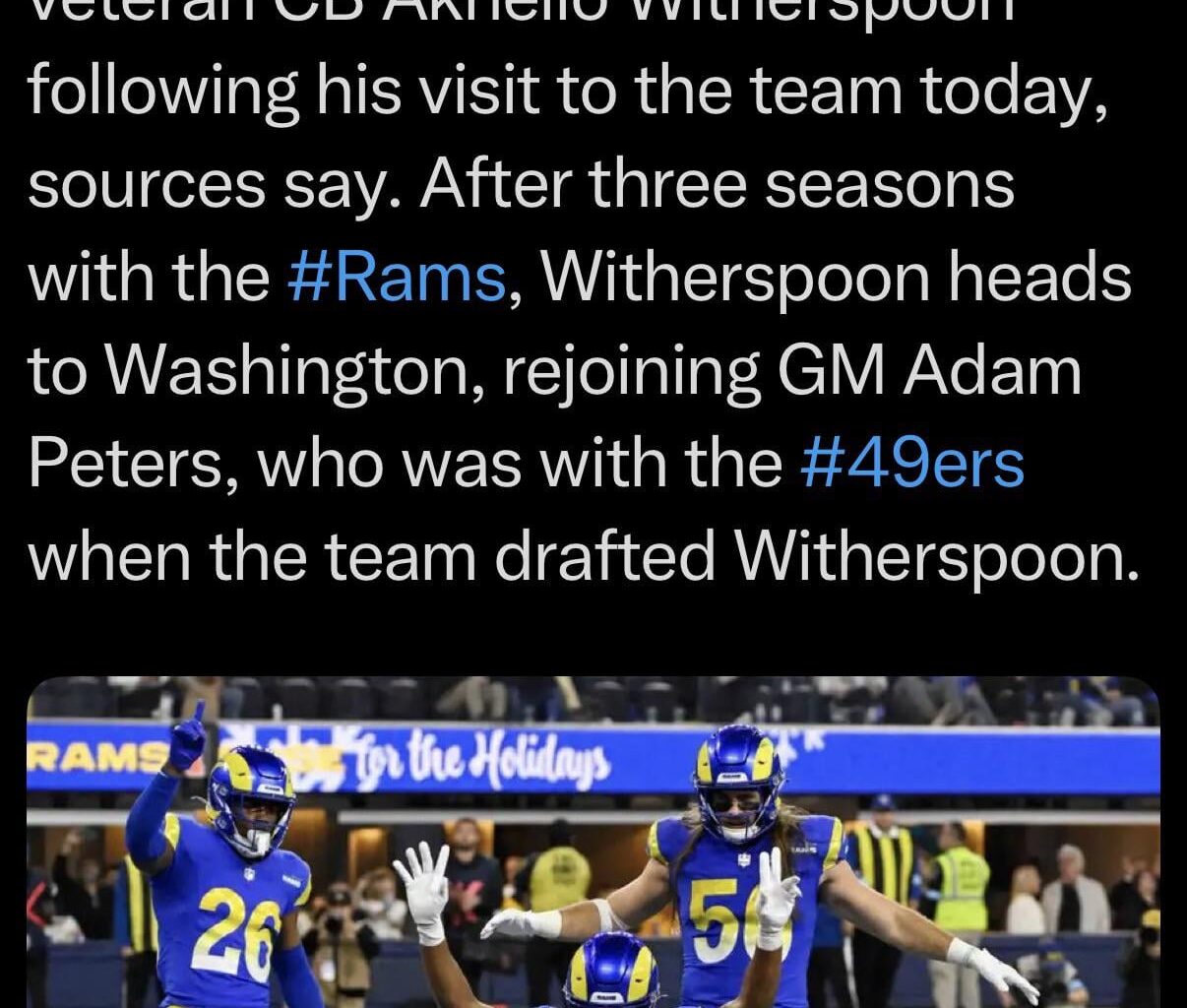 [Garafolo] The Commanders are signing veteran CB Akhello Witherspoon following his visit to the team today, sources say.