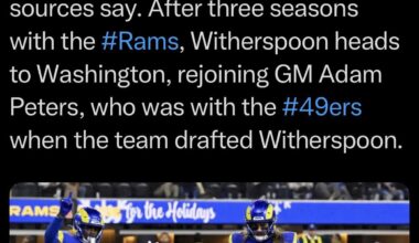 [Garafolo] The Commanders are signing veteran CB Akhello Witherspoon following his visit to the team today, sources say.