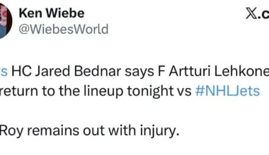 [Ken Wiebe] #Avs HC Jared Bednar says F Artturi Lehkonen will return to the lineup tonight vs #NHLJets. Nic Roy remains out with injury.