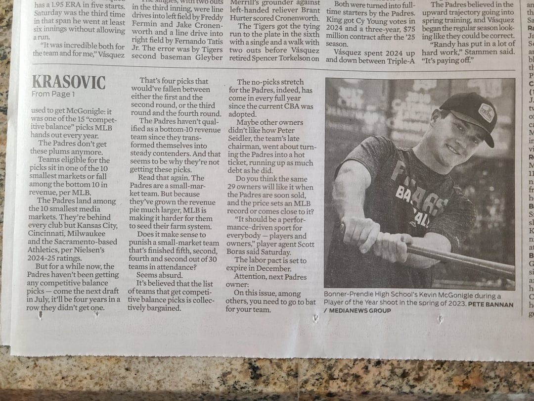 Kevin McGonigle article in San Diego Union Tribune Sunday