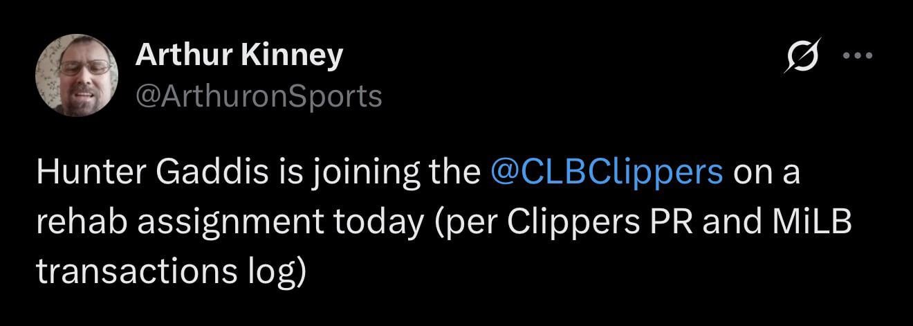 [Kinney] Hunter Gaddis is joining the Columbus Clippers on a rehab assignment today (per Clippers PR and MiLB transactions log)