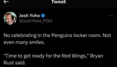 [Yohe] No celebrating in the Penguins locker room. Not even many smiles. "Time to get ready for the Red Wings," Bryan Rust said.