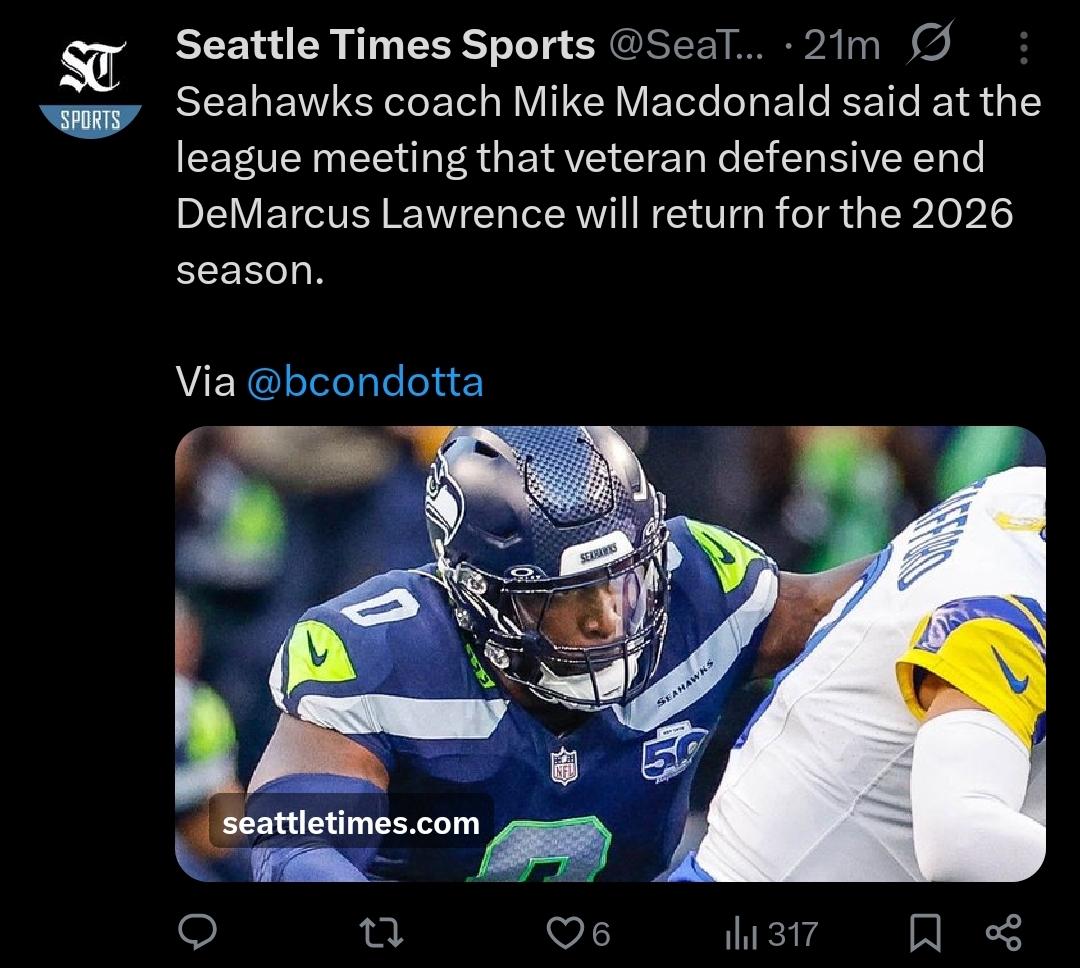 Per @bcondotta, DeMarcus Lawrence will return for 2026