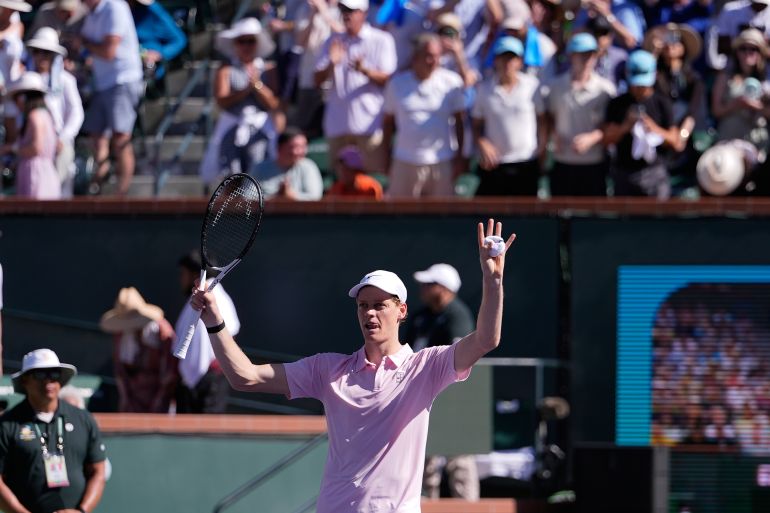 Jannik Sinner, of Italy, celebrates after defeating Alexander Zverev, of Germany, during a semifinal match at the BNP Paribas Open tennis tournament, Saturday, March 14, 2026, in Indian Wells, Calif. (AP Photo/Mark J. Terrill)
