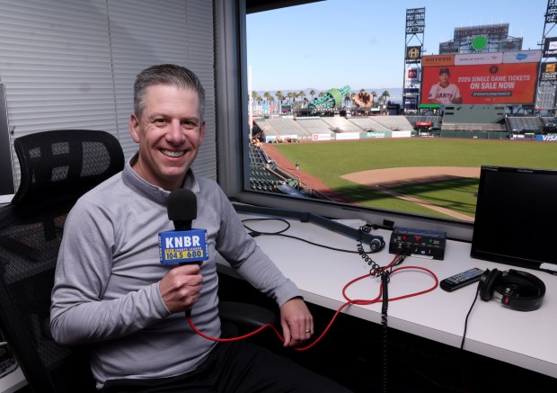 San Francisco Giants KNBR broadcaster Joe Ritzo in the booth at Oracle Park in San Francisco, Calif., on Wednesday, Jan. 14, 2026. (Jane Tyska/Bay Area News Group)
