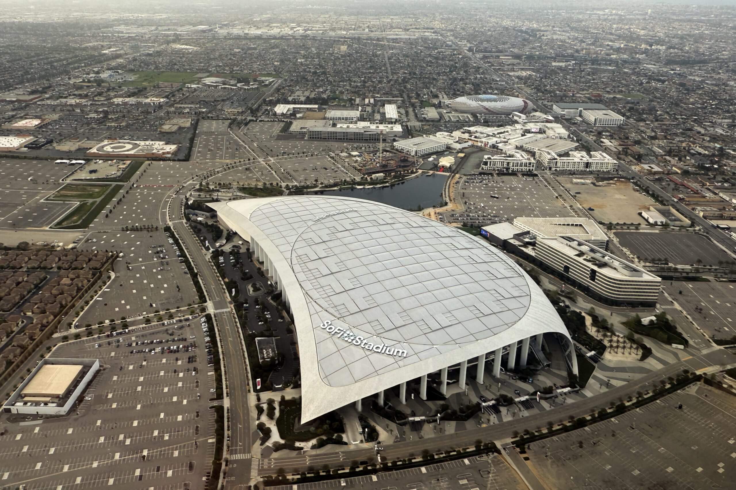 An aerial view of SoFi Stadium in Los Angeles