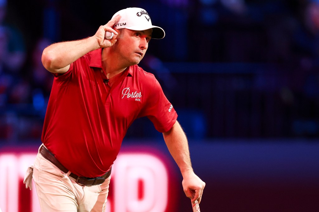 Kevin Kisner of Jupiter Links GC reacts after winning the fifth hole during a match against Atlanta Drive GC at SoFi Center on February 02, 2026 in Palm Beach Gardens, Florida. 