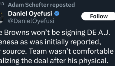 [Daniel Oyefusi] The Browns won't be signing DE A.J. Epenesa as was initially reported, per source. Team wasn't comfortable finalizing the deal after his physical.