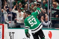 Dallas Stars center Wyatt Johnston (53) celebrates his goal during the first period of an...