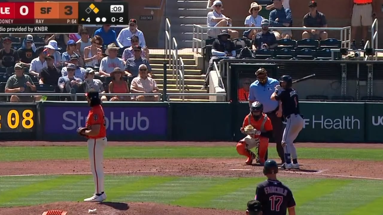 Home plate umpire Bill Miller on hot mic saying "Please be a strike" after Patrick Bailey challenges a ball called on Guardians' Alex Mooney.