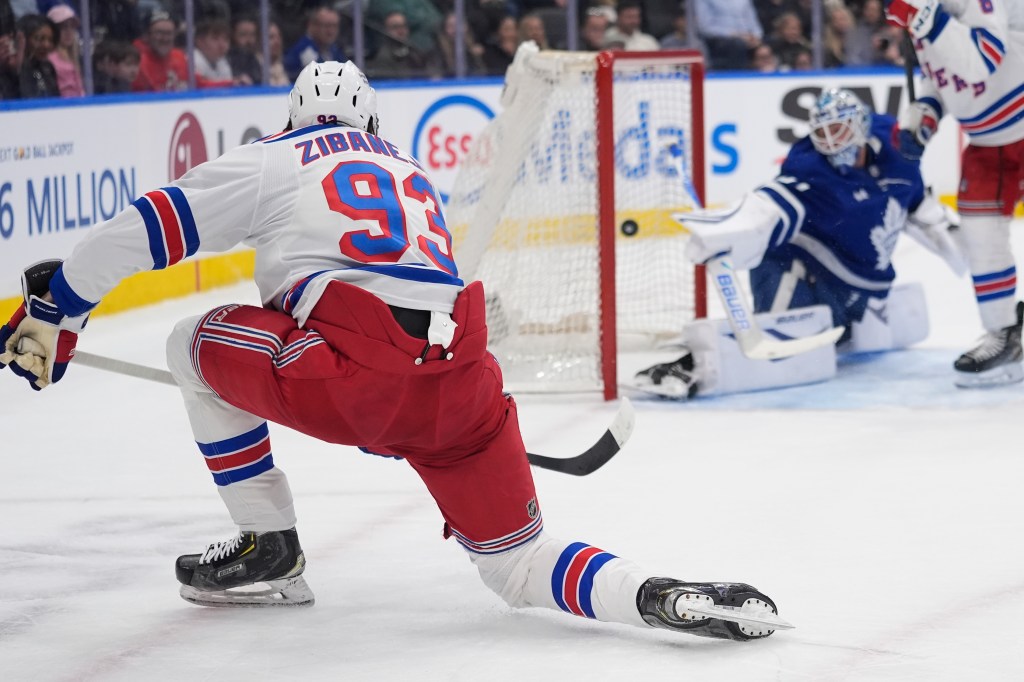 MIka Zibanejad scores in the second period for the first of his two goals in the Rangers' loss to the Maple Leafs.