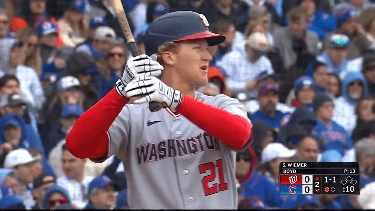 Joey Wiemer crushes a homer through the Wrigley Field wind to give the Nationals the lead