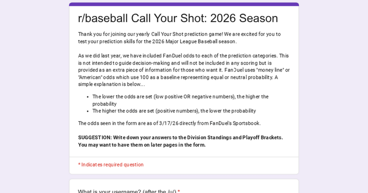 2026 r/baseball Call Your Shot Prediction Contest