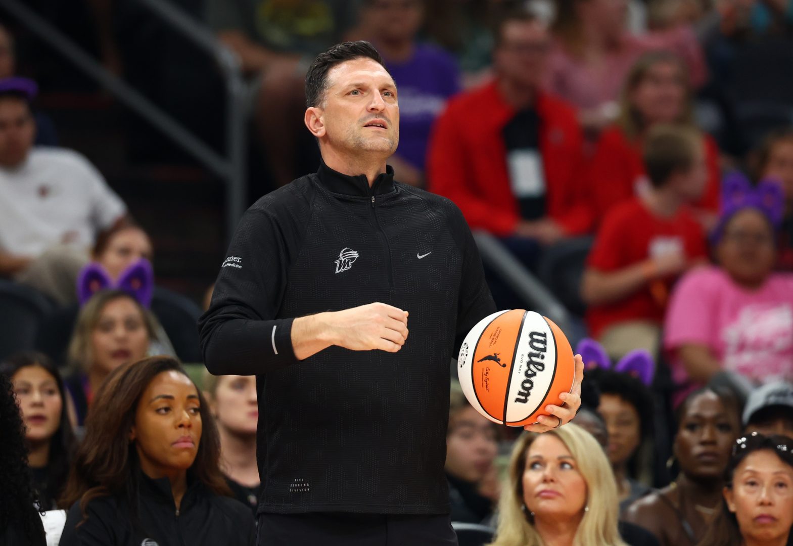 Aug 10, 2025; Phoenix, Arizona, USA; Phoenix Mercury head coach Nate Tibbetts against the Atlanta Dream in the first half at Footprint Center. Mandatory Credit: Mark J. Rebilas-Imagn Images