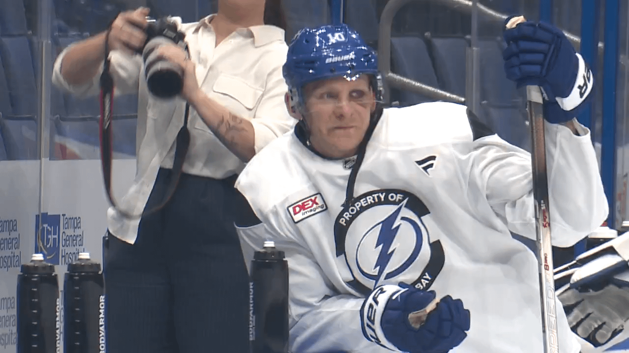 [Burger] Corey Perry's face has seen better days. Morning skate, two days after taking an uppercut that left a bloodied gash.