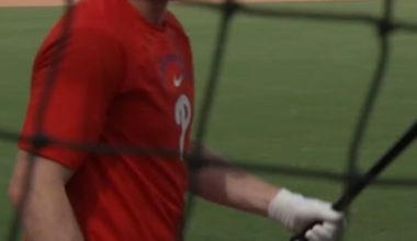 England Cricket captain Harry Brook attempts to hit a home run at Phillies spring training, with the help of Chase Utley