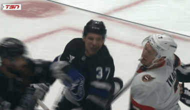 Yanni Gourde slaps Brady Tkachuk after Tkachuk hit him in the back of the head/neck.